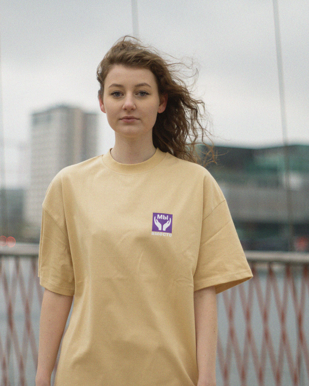 Female Model with BECT We Are Together Tee at Circle Bridge in Copenhagen, Denkmark